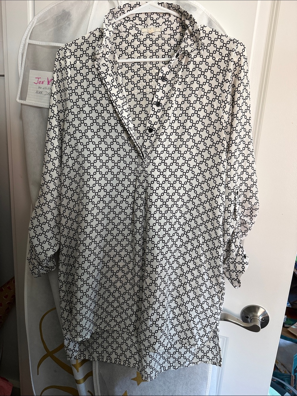 Pleione White Geometric Button-Front Tunic